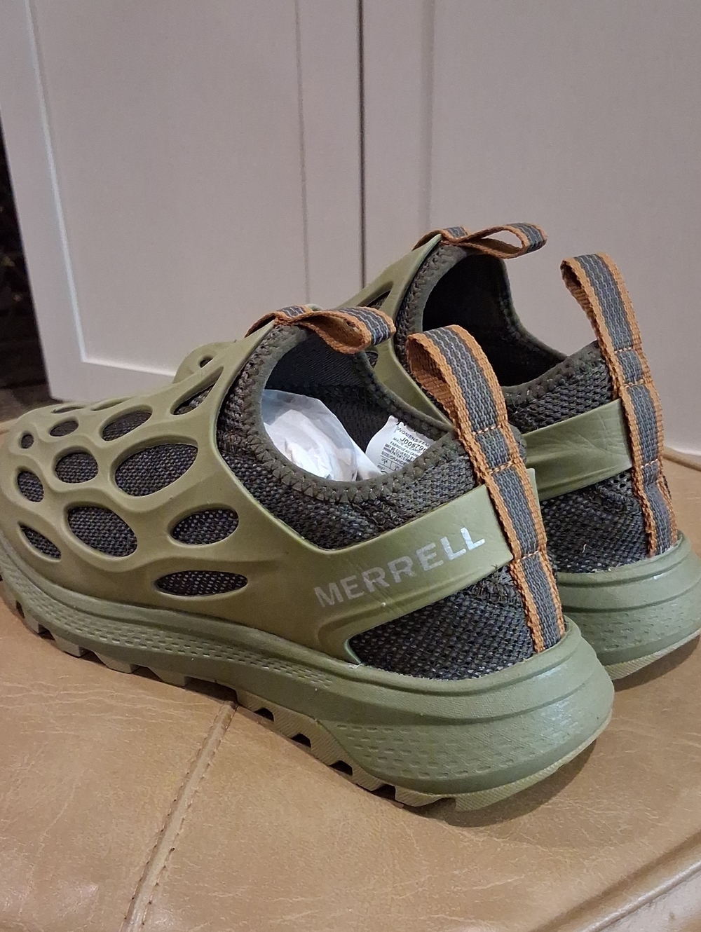 Merrell Womens Olive Green and Brown Mesh Slip-On Loafers
